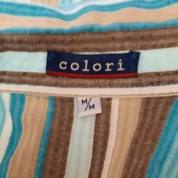 Vintage 90s Y2K Fitted Striped Button Up Shirt Size M Embroidered Blue Brown - Picture 7 of 7